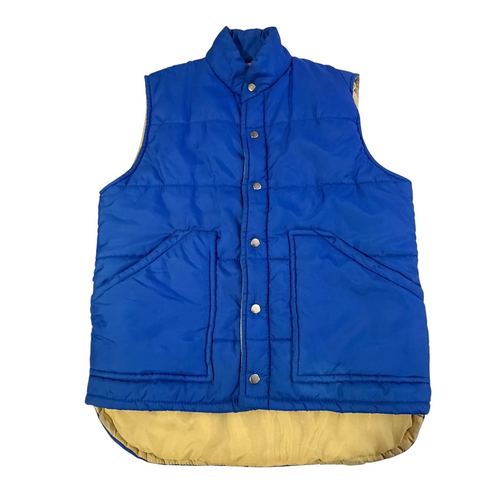 Vintage Campus Rugged Country Puffer Vest Blue Tan Snap Front Mens Small